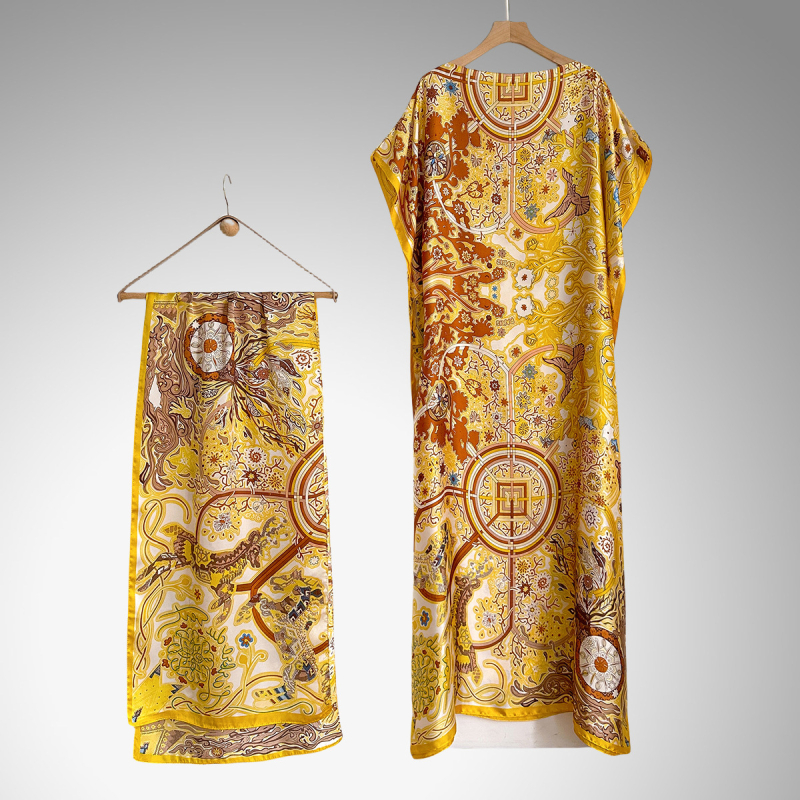 Hosszú köntösruha mesterséges selyemből, nyomtatott mintával, divatos középhosszú, dekoratív dizájn, több stílus elérhető