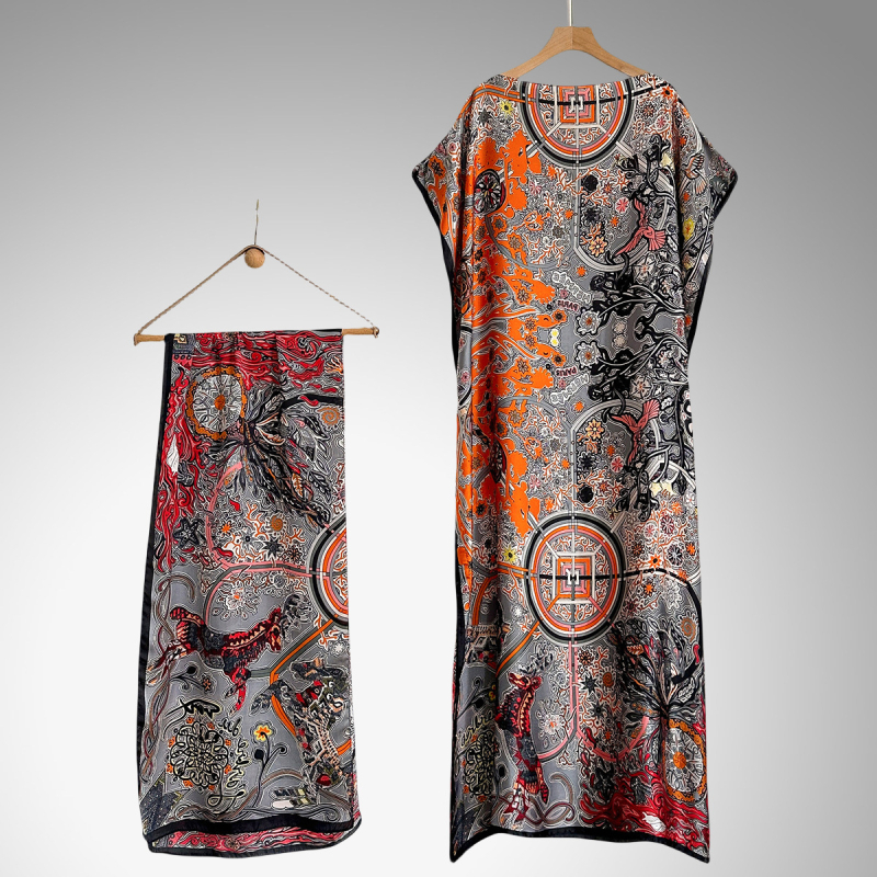 Hosszú köntösruha mesterséges selyemből, nyomtatott mintával, divatos középhosszú, dekoratív dizájn, több stílus elérhető