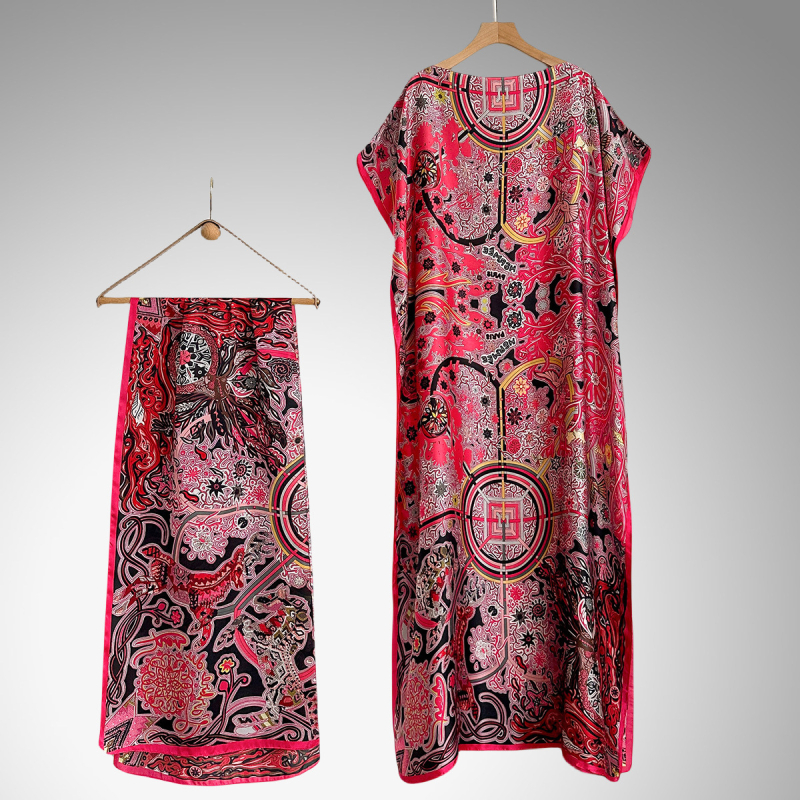 Hosszú köntösruha mesterséges selyemből, nyomtatott mintával, divatos középhosszú, dekoratív dizájn, több stílus elérhető