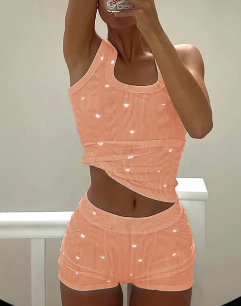 Σετ πιτζάμα για γυναίκες με εκτύπωση κερασιών, λαιμό U, χωρίς μανίκια, πολυεστέρας