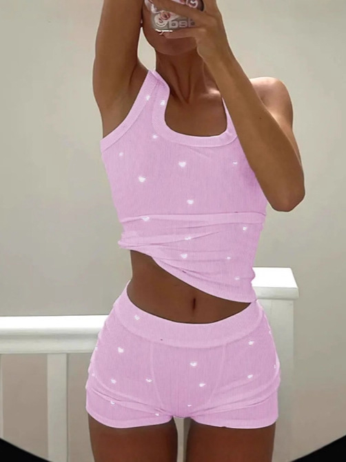 Σετ πιτζάμα για γυναίκες με εκτύπωση κερασιών, λαιμό U, χωρίς μανίκια, πολυεστέρας