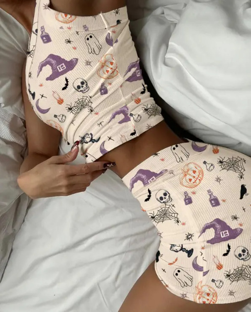 Σετ πιτζάμα για γυναίκες με εκτύπωση κερασιών, λαιμό U, χωρίς μανίκια, πολυεστέρας