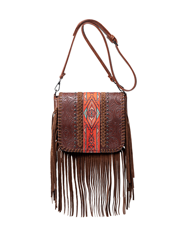 Ženska torbica s resama, PU materijal, pravokutni oblik, otvaranje s poklopcem, unutarnja džep s zatvaračem.