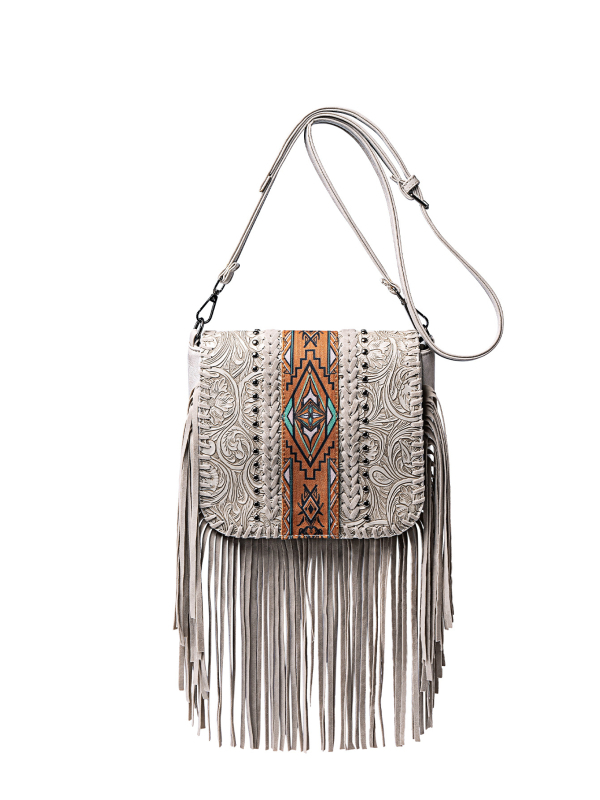 Ženska torbica s resama, PU materijal, pravokutni oblik, otvaranje s poklopcem, unutarnja džep s zatvaračem.