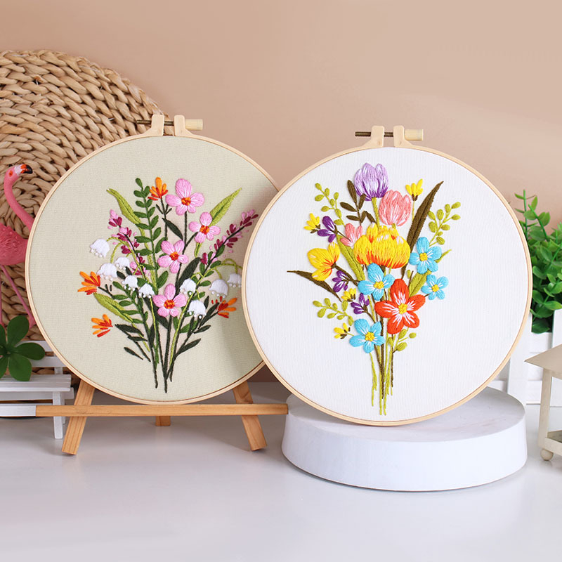 Kit de broderie pe pânză Nordic – Bumbac, model cu flori/iarbă/frunze, Su broderie