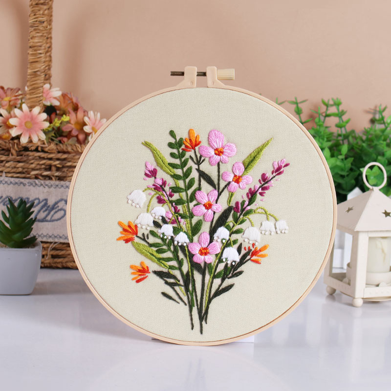 Kit de broderie pe pânză Nordic – Bumbac, model cu flori/iarbă/frunze, Su broderie