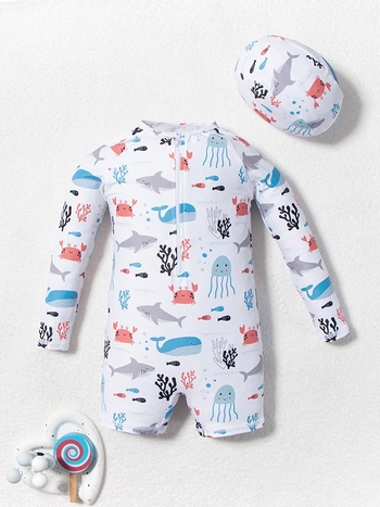 Παιδικό μαγιό για αγόρια με μακρύ μανίκι, σχέδιο καρτούν, υψηλή ελαστικότητα και προστασία από τον ήλιο, 82% πολυεστέρα / 18% σπαντέξ, για ηλικίες 3–8 ετών