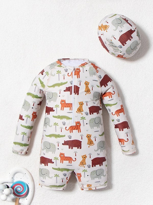 Poiste pikkade varrukatega ujumistrikoo karikatuurimustriga, suur elastsus ja päikesekaitse, 82% polüester / 18% spandeks, vanus 3–8 aastat