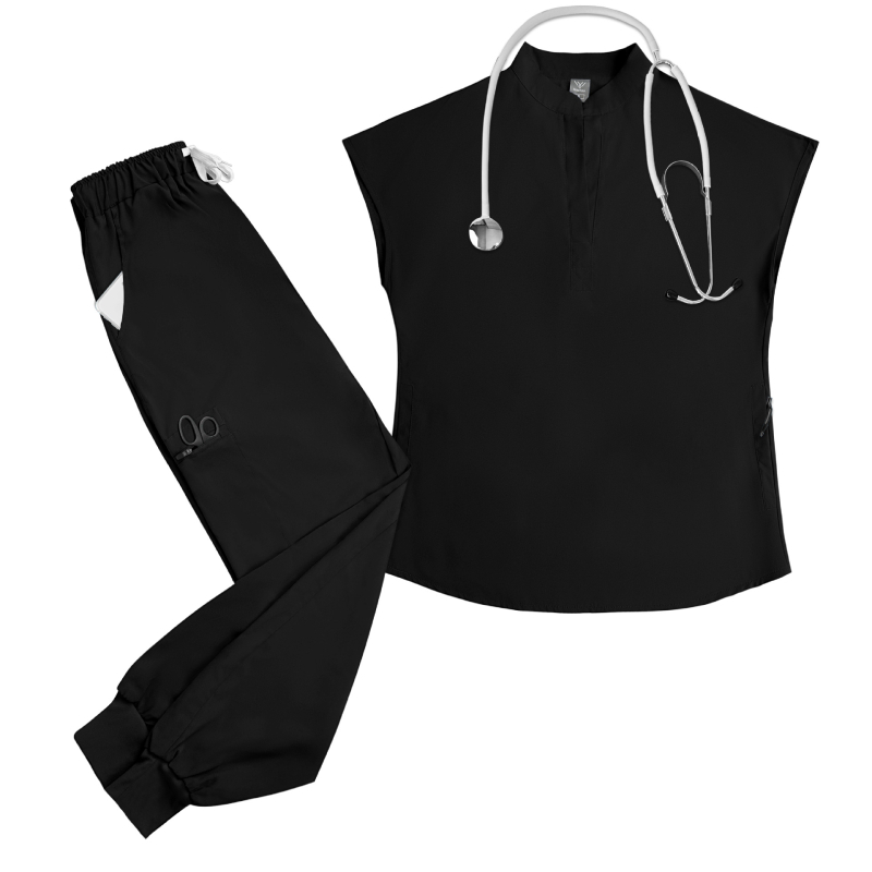 Set de uniformă medicală pentru femei – poliester/elastan, evacuează umezeala, mâneci scurte, guler înalt, top și pantaloni