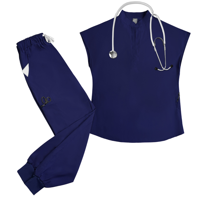 Set de uniformă medicală pentru femei – poliester/elastan, evacuează umezeala, mâneci scurte, guler înalt, top și pantaloni