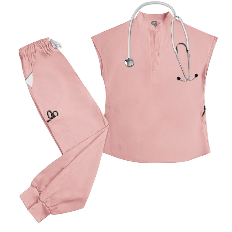 Set de uniformă medicală pentru femei – poliester/elastan, evacuează umezeala, mâneci scurte, guler înalt, top și pantaloni