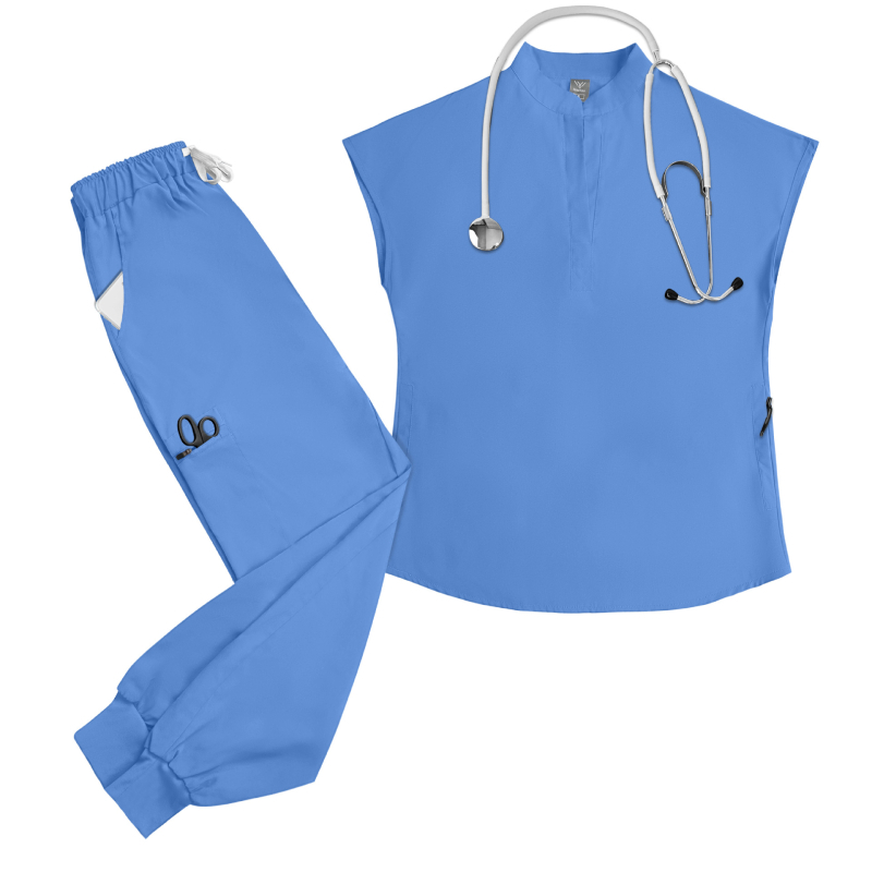 Set de uniformă medicală pentru femei – poliester/elastan, evacuează umezeala, mâneci scurte, guler înalt, top și pantaloni