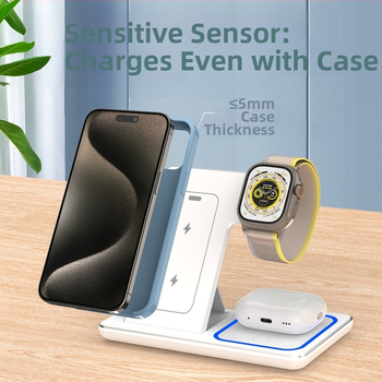 3-в-1 безжично зарядно устройство с вертикална настолна стойка за iPhone, 15W макс, QC4.0, 5V3A