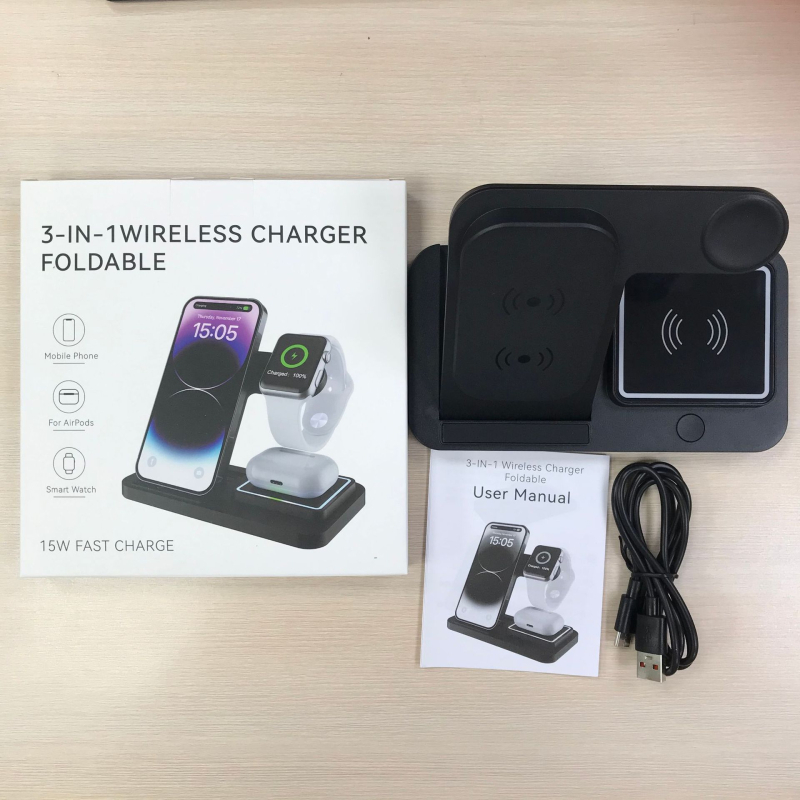 Încărcător wireless 3-în-1 cu stand de birou pentru iPhone, 15W maxim, QC4.0, 5V3A