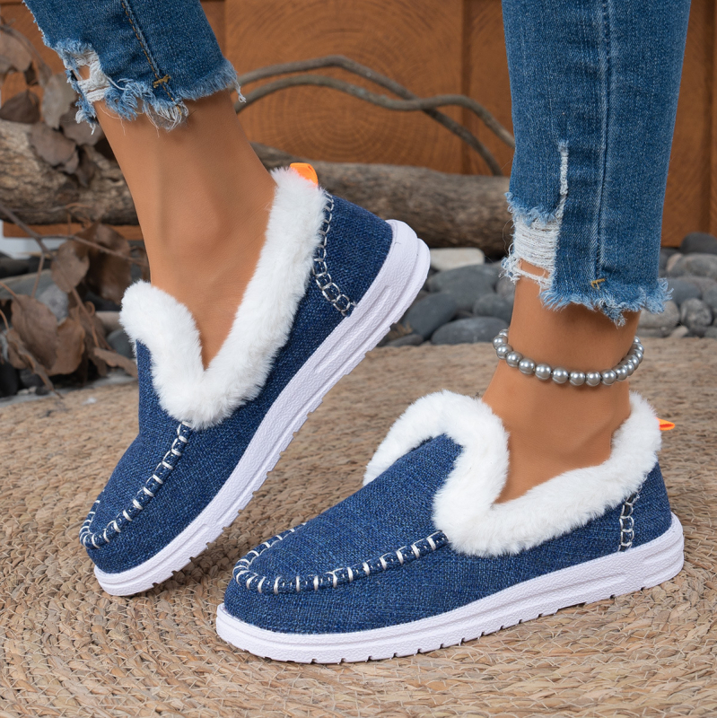 Botine de iarnă pentru femei, încălzite, cu căptușeală din blană artificială, partea superioară din canvas, talpă din cauciuc, slip-on
