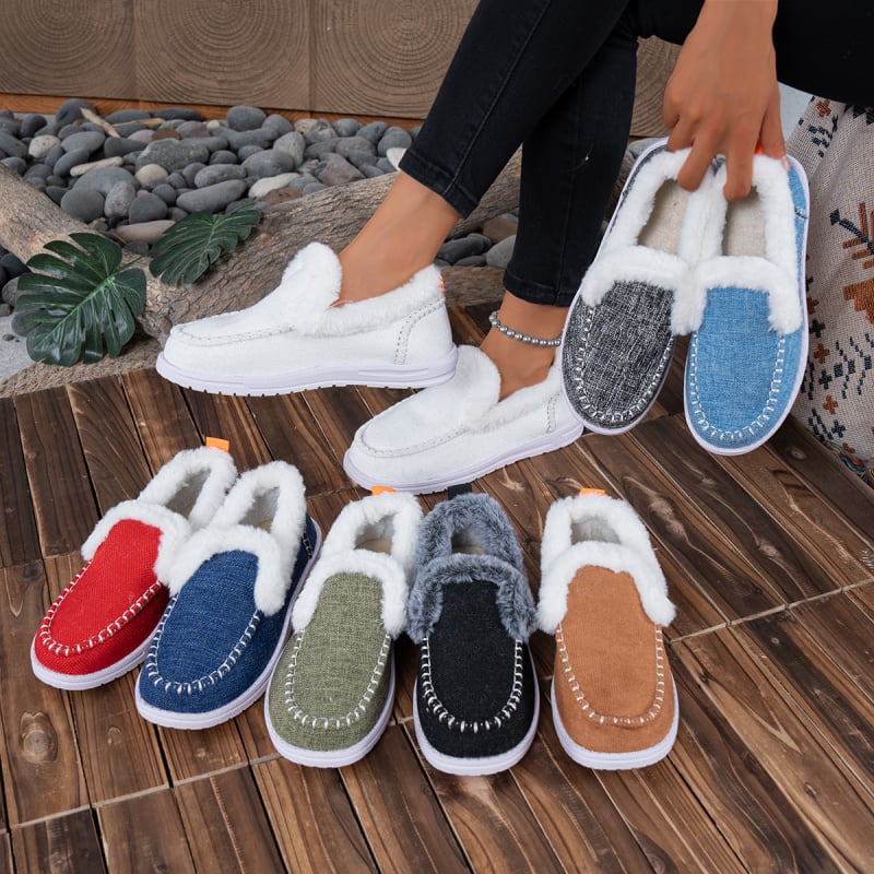 Moteriški žieminiai sniegų batai, šilta įdaila iš dirbtinio pūo, viršutinė dalis iš drobės, guminė pada, slip-on dizainas