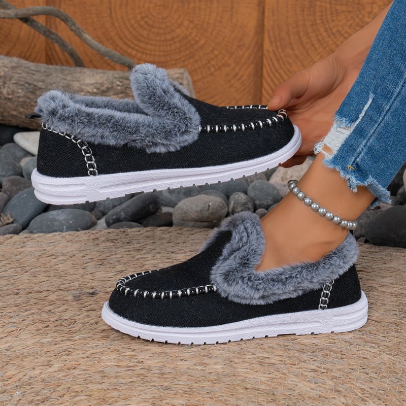 Botine de iarnă pentru femei, încălzite, cu căptușeală din blană artificială, partea superioară din canvas, talpă din cauciuc, slip-on