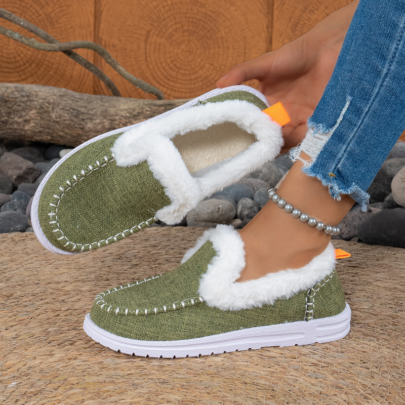 Botine de iarnă pentru femei, încălzite, cu căptușeală din blană artificială, partea superioară din canvas, talpă din cauciuc, slip-on