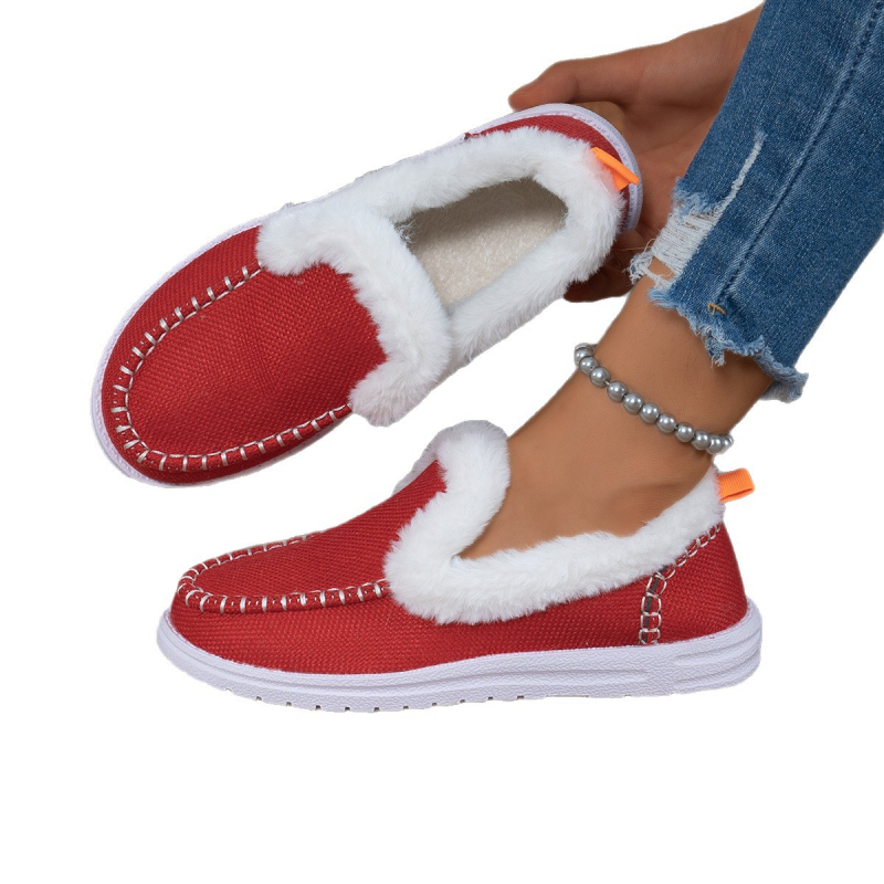 Botine de iarnă pentru femei, încălzite, cu căptușeală din blană artificială, partea superioară din canvas, talpă din cauciuc, slip-on