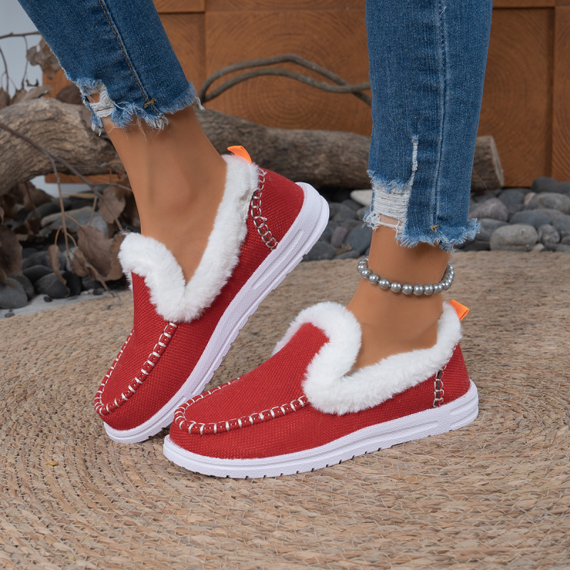 Botine de iarnă pentru femei, încălzite, cu căptușeală din blană artificială, partea superioară din canvas, talpă din cauciuc, slip-on