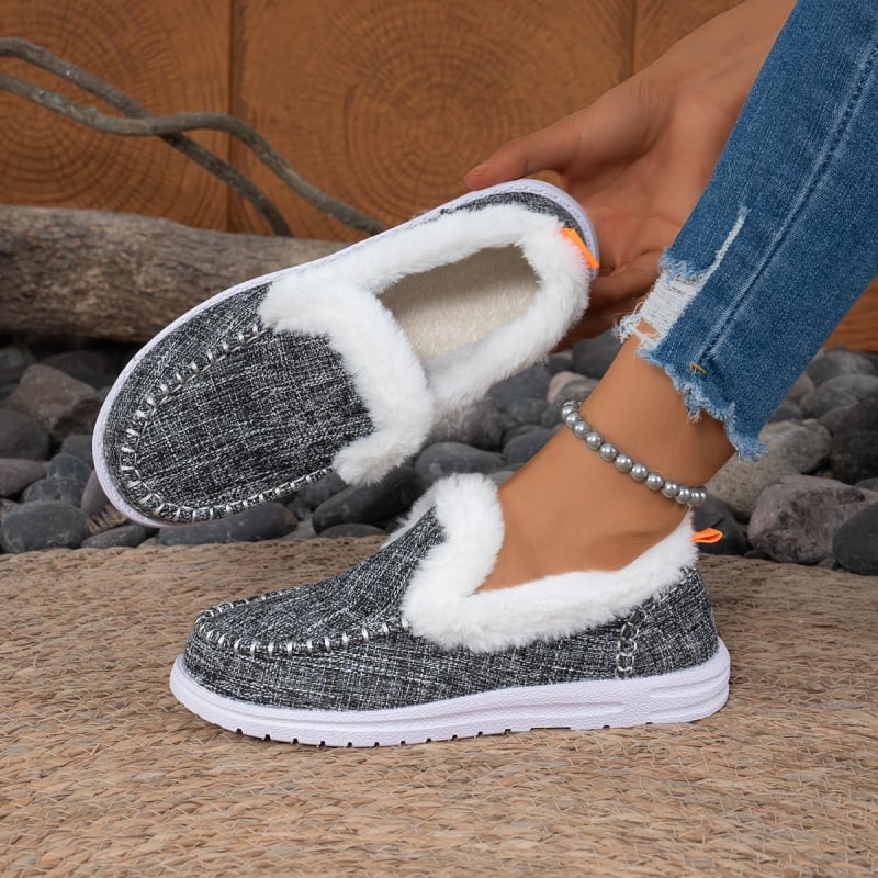 Botine de iarnă pentru femei, încălzite, cu căptușeală din blană artificială, partea superioară din canvas, talpă din cauciuc, slip-on