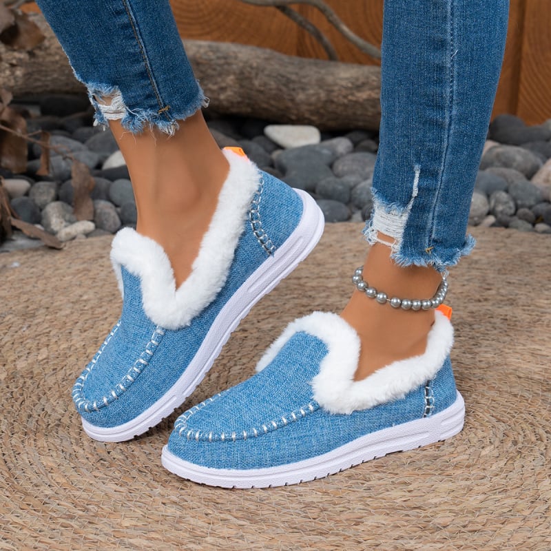 Botine de iarnă pentru femei, încălzite, cu căptușeală din blană artificială, partea superioară din canvas, talpă din cauciuc, slip-on