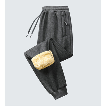 Ανδρικά παντελόνια φλις με επένδυση, ίσια γραμμή, ελαστική μέση με κορδόνι, πολυεστερικό ύφασμα, μονόχρωμα, χειμερινά