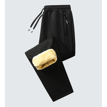 Ανδρικά παντελόνια φλις με επένδυση, ίσια γραμμή, ελαστική μέση με κορδόνι, πολυεστερικό ύφασμα, μονόχρωμα, χειμερινά