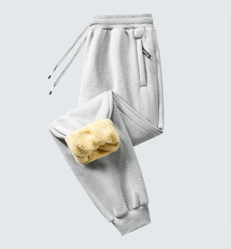 Pantaloni casual căptuți cu fleece, croială dreaptă, talie elastică cu șnur, țesătură din poliester, culoare solidă, iarnă