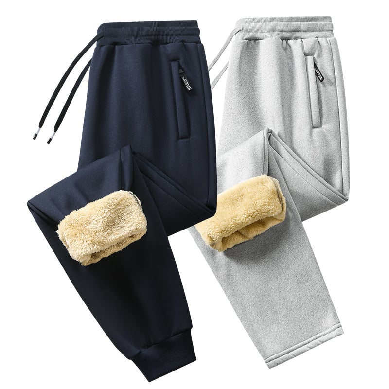 Pantaloni casual căptuți cu fleece, croială dreaptă, talie elastică cu șnur, țesătură din poliester, culoare solidă, iarnă