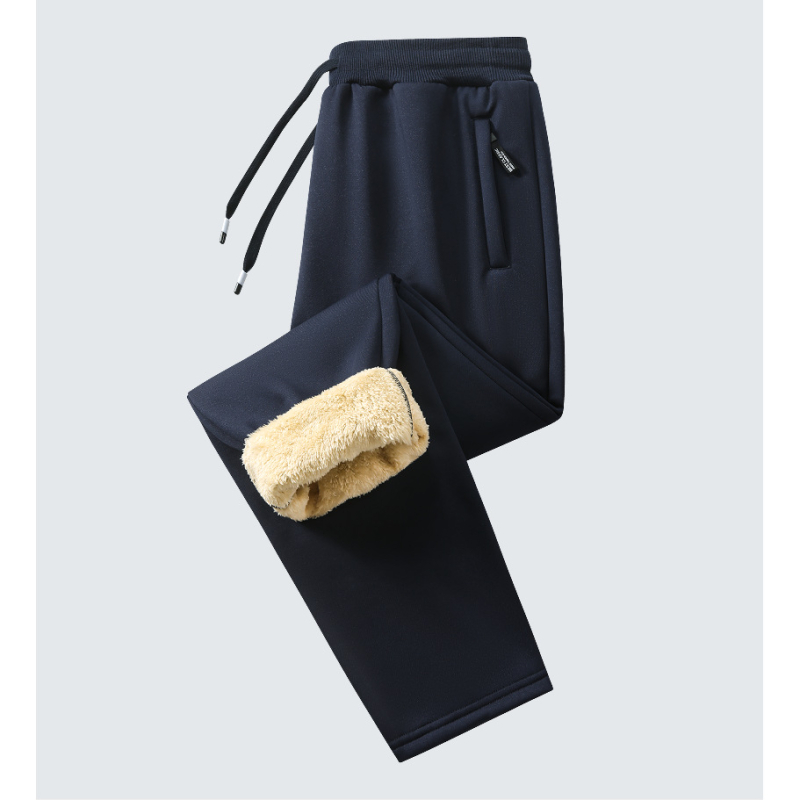 Pantaloni casual căptuți cu fleece, croială dreaptă, talie elastică cu șnur, țesătură din poliester, culoare solidă, iarnă