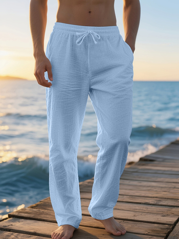 Ανδρικά χαλαρά παντελόνια από λινό για καθημερινή χρήση — φαρδιά γραμμή, με κορδόνι, καλοκαίρι, 95% λινό 5% πολυεστέρας