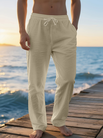 Ανδρικά χαλαρά παντελόνια από λινό για καθημερινή χρήση — φαρδιά γραμμή, με κορδόνι, καλοκαίρι, 95% λινό 5% πολυεστέρας