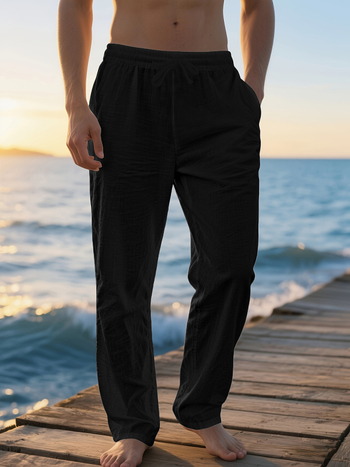 Ανδρικά χαλαρά παντελόνια από λινό για καθημερινή χρήση — φαρδιά γραμμή, με κορδόνι, καλοκαίρι, 95% λινό 5% πολυεστέρας