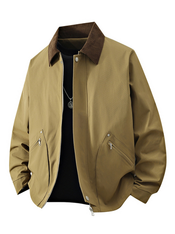 Ανδρικό μπουφάν εργασίας σε αμερικανικό vintage στυλ για άνοιξη-φθινόπωρο, χαλαρή γραμμή, μπροστινό φερμουάρ, Turn-Down γιακά, χωρίς κουκούλα, εξωτερικό και επένδυση από πολυεστέρα; Διαπνοή, αντοχή στον άνεμο, απομάκρυνση υγρασίας