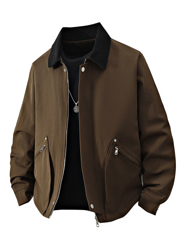 Ανδρικό μπουφάν εργασίας σε αμερικανικό vintage στυλ για άνοιξη-φθινόπωρο, χαλαρή γραμμή, μπροστινό φερμουάρ, Turn-Down γιακά, χωρίς κουκούλα, εξωτερικό και επένδυση από πολυεστέρα; Διαπνοή, αντοχή στον άνεμο, απομάκρυνση υγρασίας