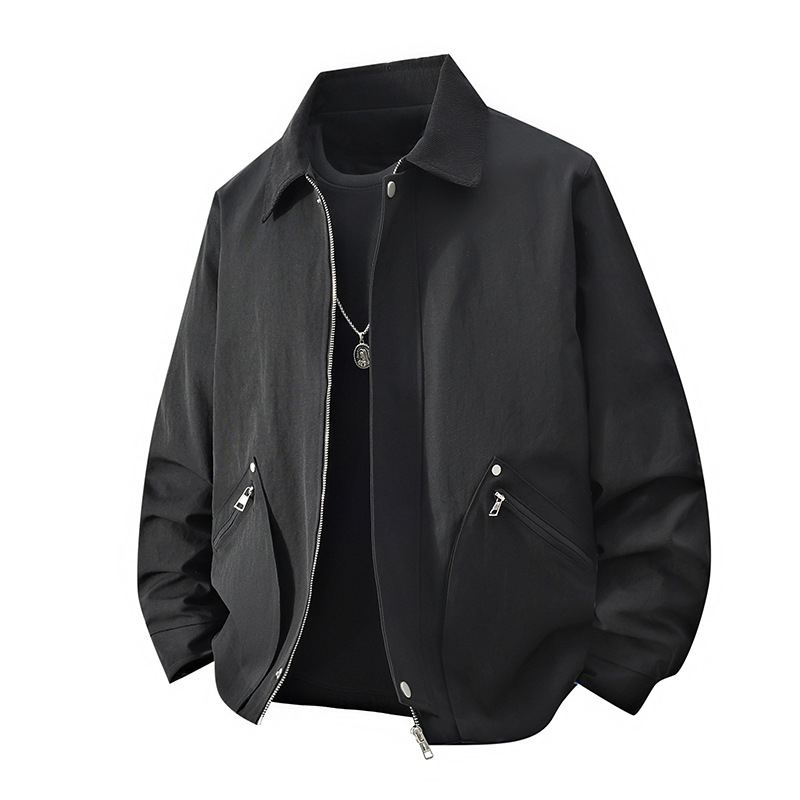 Ανδρικό μπουφάν εργασίας σε αμερικανικό vintage στυλ για άνοιξη-φθινόπωρο, χαλαρή γραμμή, μπροστινό φερμουάρ, Turn-Down γιακά, χωρίς κουκούλα, εξωτερικό και επένδυση από πολυεστέρα; Διαπνοή, αντοχή στον άνεμο, απομάκρυνση υγρασίας