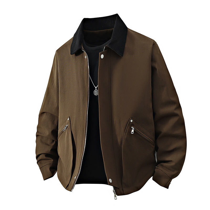 Ανδρικό μπουφάν εργασίας σε αμερικανικό vintage στυλ για άνοιξη-φθινόπωρο, χαλαρή γραμμή, μπροστινό φερμουάρ, Turn-Down γιακά, χωρίς κουκούλα, εξωτερικό και επένδυση από πολυεστέρα; Διαπνοή, αντοχή στον άνεμο, απομάκρυνση υγρασίας