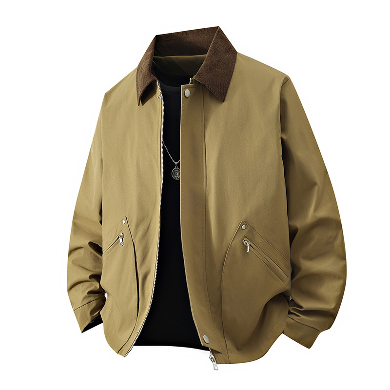 Ανδρικό μπουφάν εργασίας σε αμερικανικό vintage στυλ για άνοιξη-φθινόπωρο, χαλαρή γραμμή, μπροστινό φερμουάρ, Turn-Down γιακά, χωρίς κουκούλα, εξωτερικό και επένδυση από πολυεστέρα; Διαπνοή, αντοχή στον άνεμο, απομάκρυνση υγρασίας