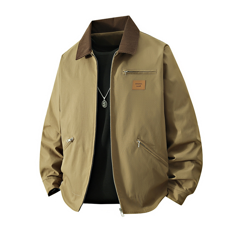 Ανδρικό μπουφάν εργασίας σε αμερικανικό vintage στυλ για άνοιξη-φθινόπωρο, χαλαρή γραμμή, μπροστινό φερμουάρ, Turn-Down γιακά, χωρίς κουκούλα, εξωτερικό και επένδυση από πολυεστέρα; Διαπνοή, αντοχή στον άνεμο, απομάκρυνση υγρασίας