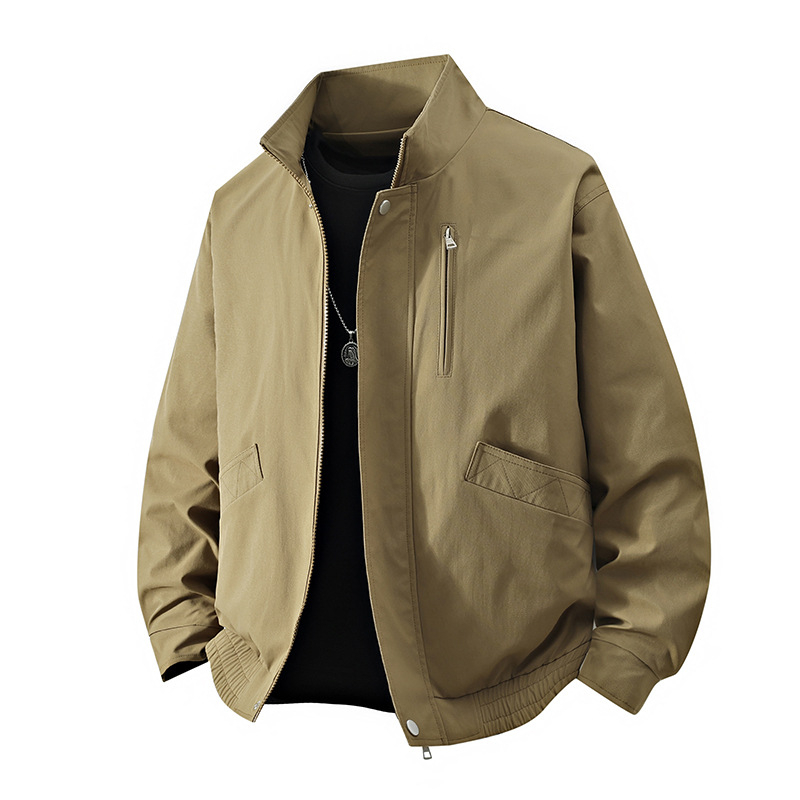 Ανδρικό μπουφάν εργασίας σε αμερικανικό vintage στυλ για άνοιξη-φθινόπωρο, χαλαρή γραμμή, μπροστινό φερμουάρ, Turn-Down γιακά, χωρίς κουκούλα, εξωτερικό και επένδυση από πολυεστέρα; Διαπνοή, αντοχή στον άνεμο, απομάκρυνση υγρασίας