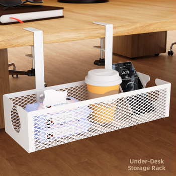 Οργανωτής αποθήκευσης κάτω από το γραφείο από χάλυβα άνθρακα, κρεμάμενος με γάντζο, χωρίς εγκατάσταση, 1 επίπεδο, ράφι επιτραπέζιο