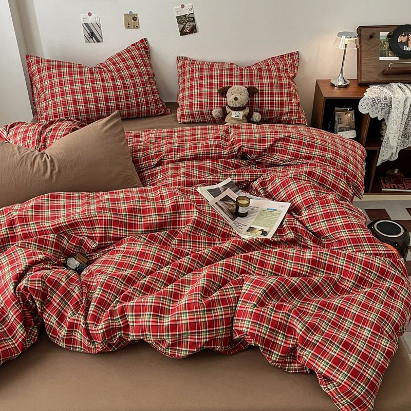 Lenjerie de pat din Tencel spălat, set de patru piese, stil Flat Sheet, stil de nuntă chinezesc, imprimare prin transfer termic