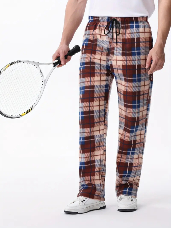 Pantaloni sport casual, stil euro-american, imprimeu digital în carouri, țesătură poliester 100% elastan, talie medie