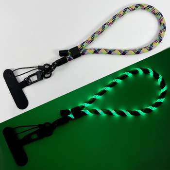 Ланярд за телефон със светлинен ефект, регулируем и отделяем за китката (Плетена конструкция; Полиестерово въже; Метална катарама; Метална висулка; Форма на висулката: Друга)