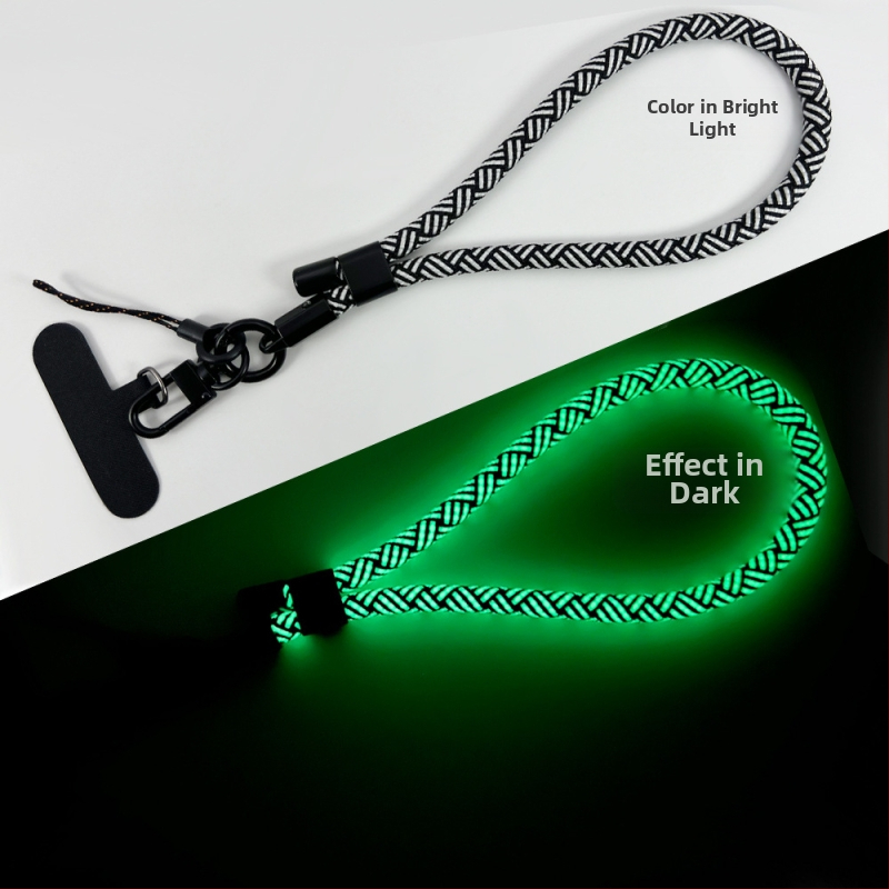 Ланярд за телефон със светлинен ефект, регулируем и отделяем за китката (Плетена конструкция; Полиестерово въже; Метална катарама; Метална висулка; Форма на висулката: Друга)