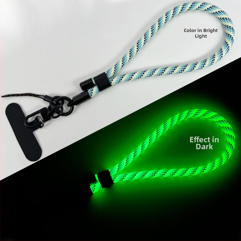 Ланярд за телефон със светлинен ефект, регулируем и отделяем за китката (Плетена конструкция; Полиестерово въже; Метална катарама; Метална висулка; Форма на висулката: Друга)