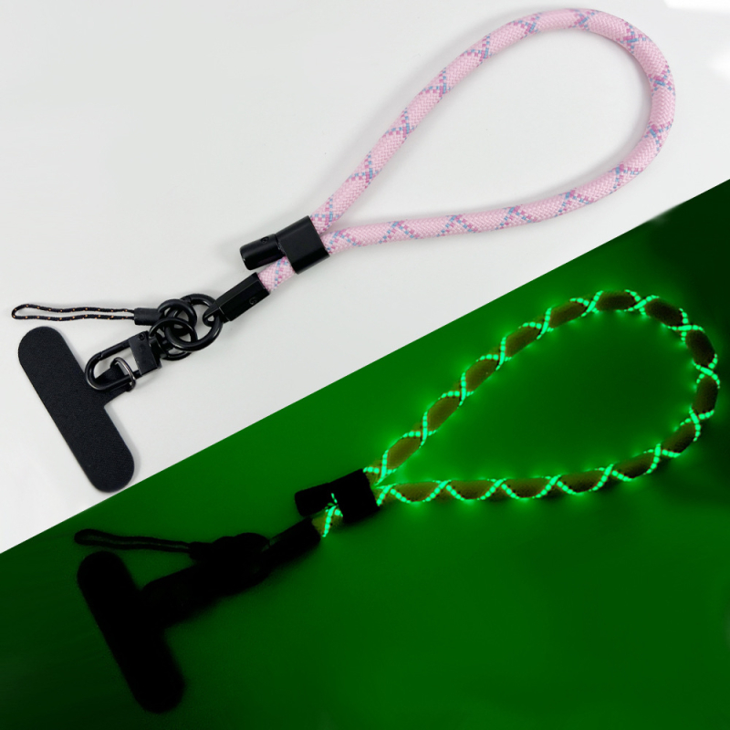 Ланярд за телефон със светлинен ефект, регулируем и отделяем за китката (Плетена конструкция; Полиестерово въже; Метална катарама; Метална висулка; Форма на висулката: Друга)