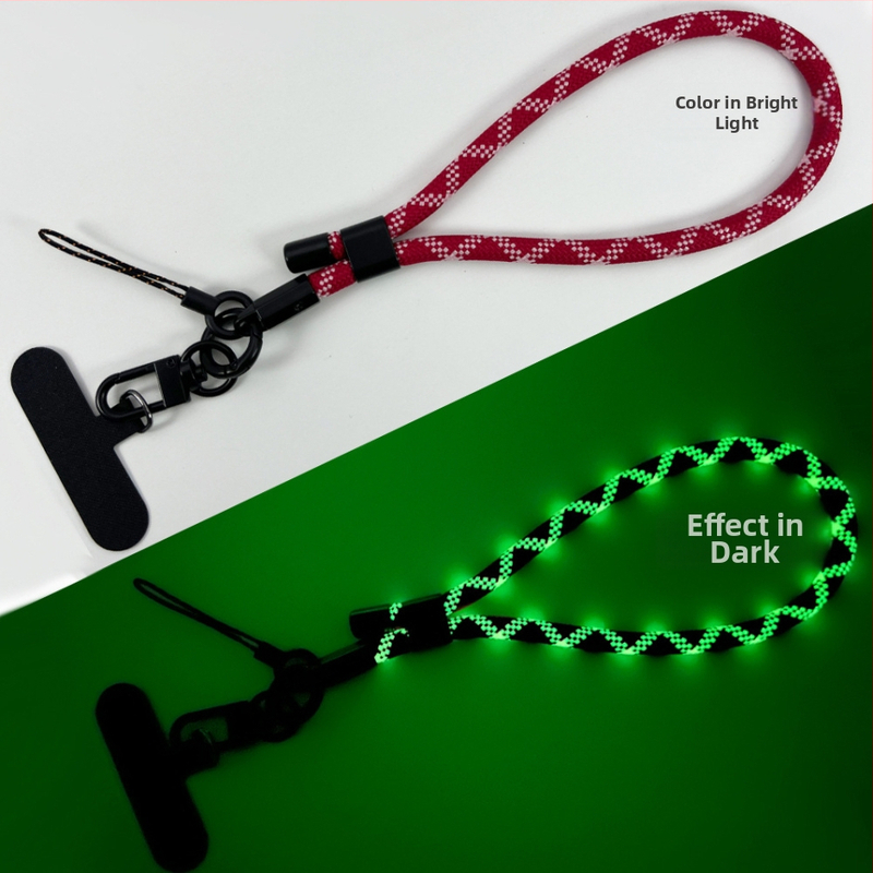 Ланярд за телефон със светлинен ефект, регулируем и отделяем за китката (Плетена конструкция; Полиестерово въже; Метална катарама; Метална висулка; Форма на висулката: Друга)