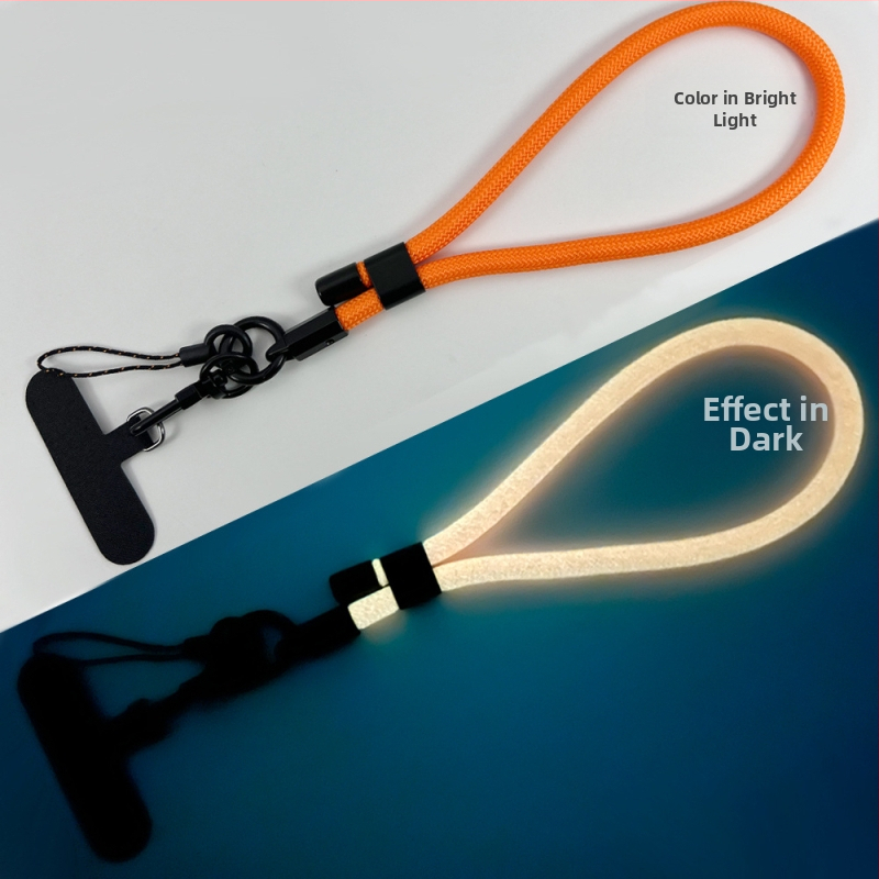 Ланярд за телефон със светлинен ефект, регулируем и отделяем за китката (Плетена конструкция; Полиестерово въже; Метална катарама; Метална висулка; Форма на висулката: Друга)